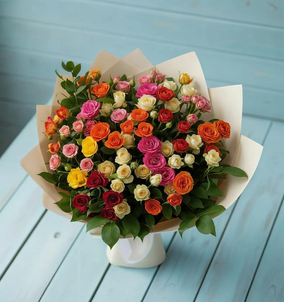 Букет Микс из разноцветных кустовых роз в Немане
